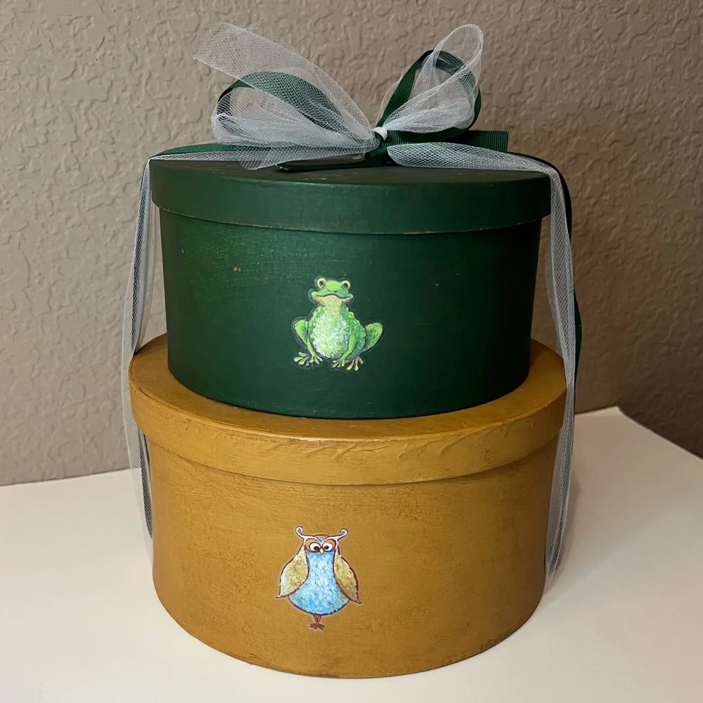 Home Decorative Owl and Frog Storage Boxes Set of 2 with Ribbon New